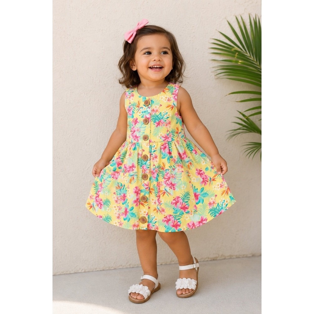 Penelope Mack Toddler Girls Tropical Floral Button Front Dress Size 2T Yellow